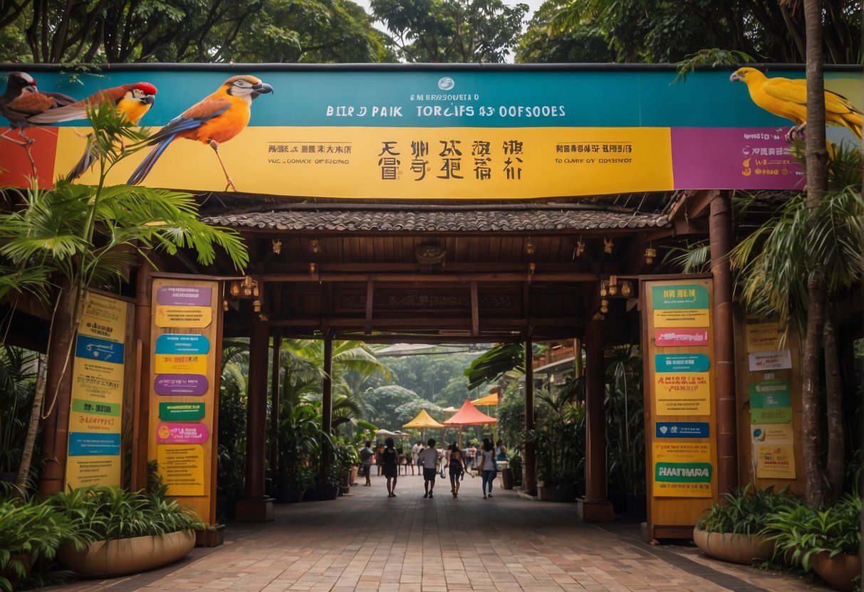 Colorful banners hang above the entrance, showcasing special events and promotions at the Bird Park in Singapore. Visitors are drawn in by the vibrant displays and enticing offers