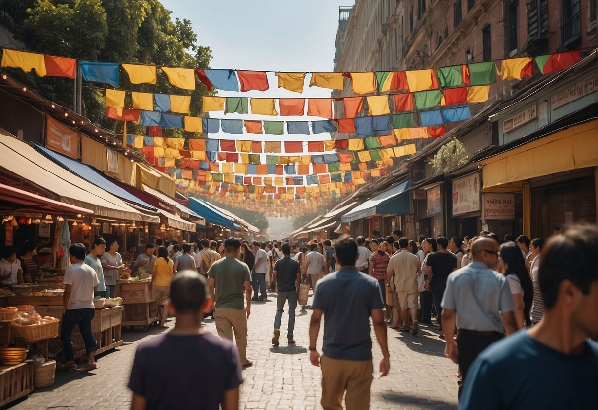 A bustling city street lined with colorful banners and promotional booths, with crowds of people interacting with vendors and enjoying the lively atmosphere