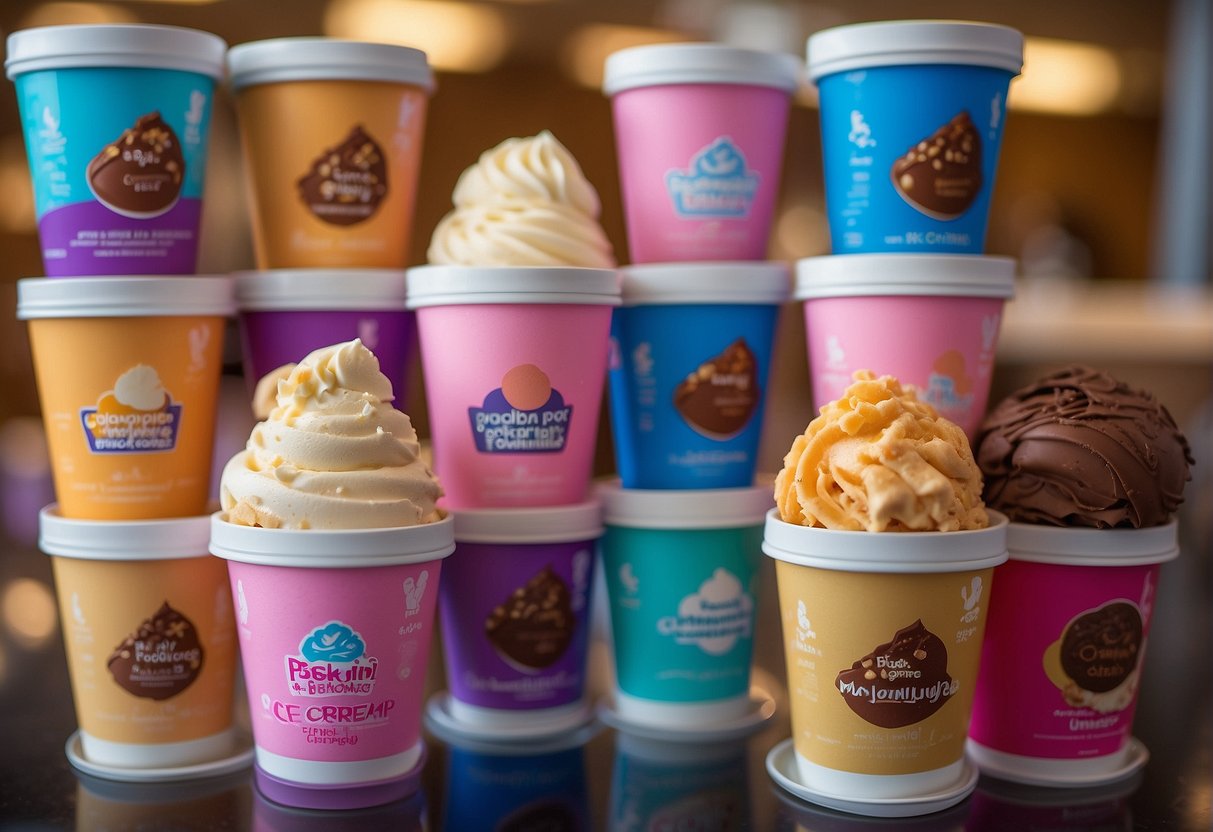 A colorful display of Baskin Robbins ice cream flavors with promotional signage and online deal offers