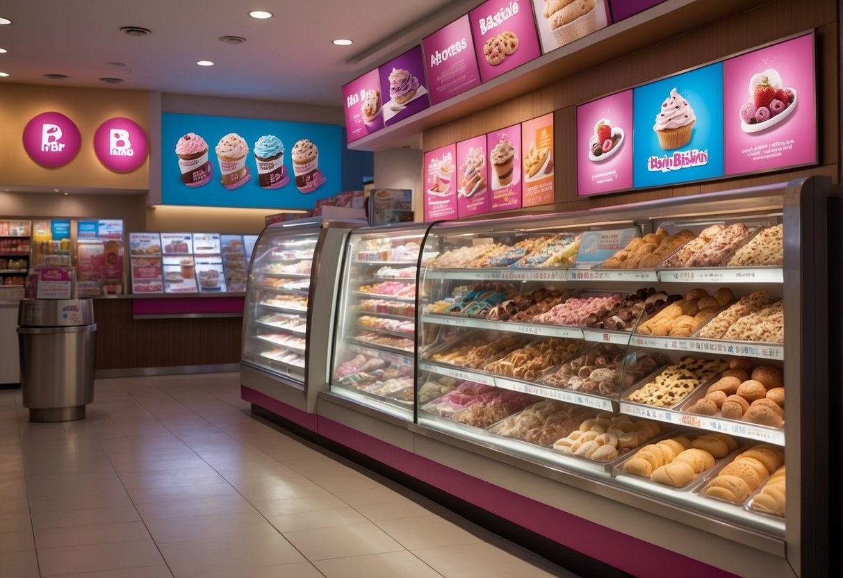 A colorful display of Baskin Robbins promotional materials in a bustling Singapore store