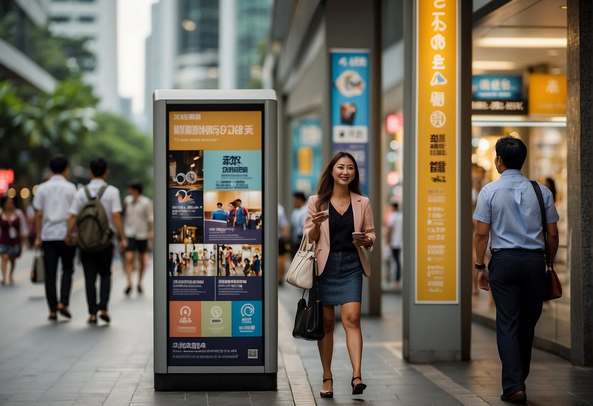 A bustling city street with bright, eye-catching posters advertising hearing aid promotions in Singapore. Pedestrians pass by, some stopping to read the promotions with interest