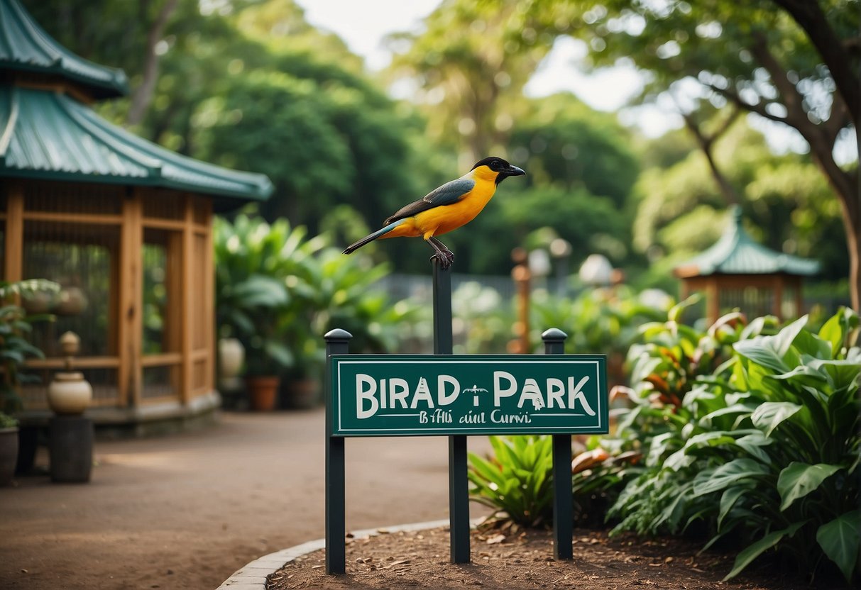 Colorful bird park sign with promotional banners, surrounded by lush greenery and bird aviaries