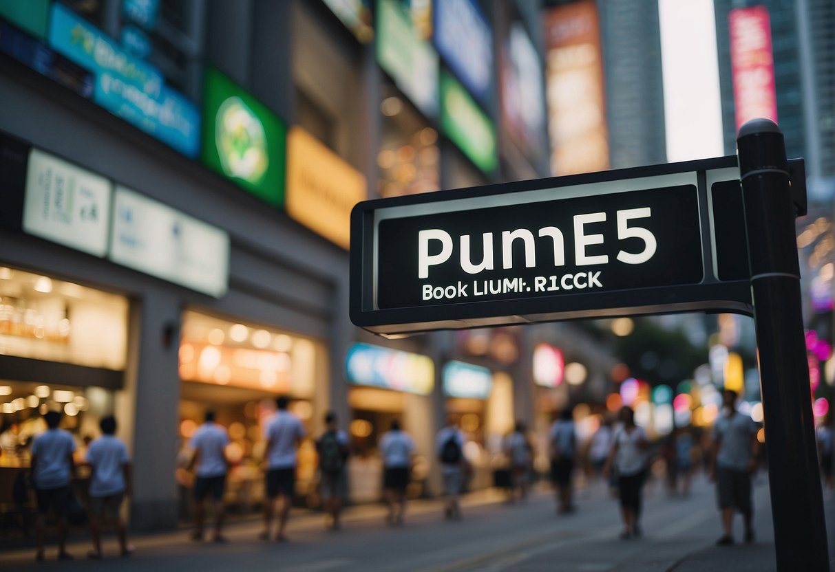 A bustling street in Singapore with colorful signs and displays, showcasing the vibrant energy of Lumin Promotions