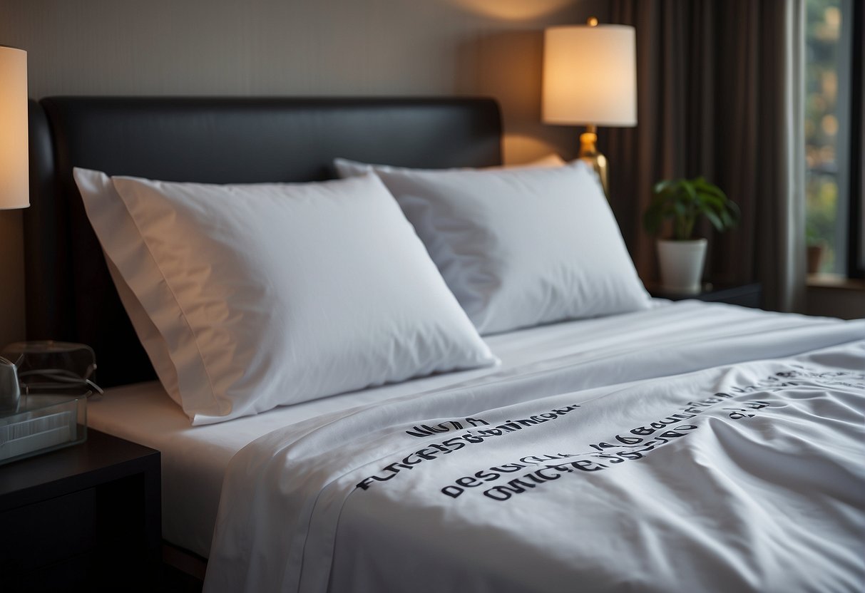 A bed sheet with "Frequently Asked Questions" printed on it, surrounded by promotional items, set in a Singaporean backdrop
