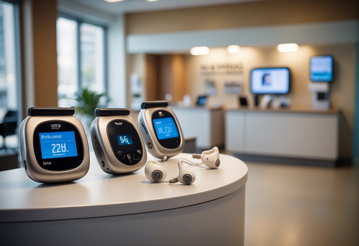 A colorful display of hearing aids with promotional signage in a modern clinic setting