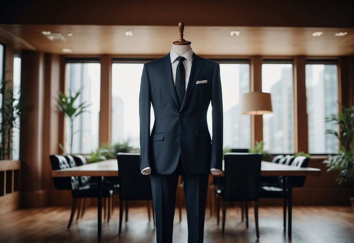 A sleek, modern suit hanging on a tailor's mannequin, surrounded by elegant accessories and a sophisticated backdrop