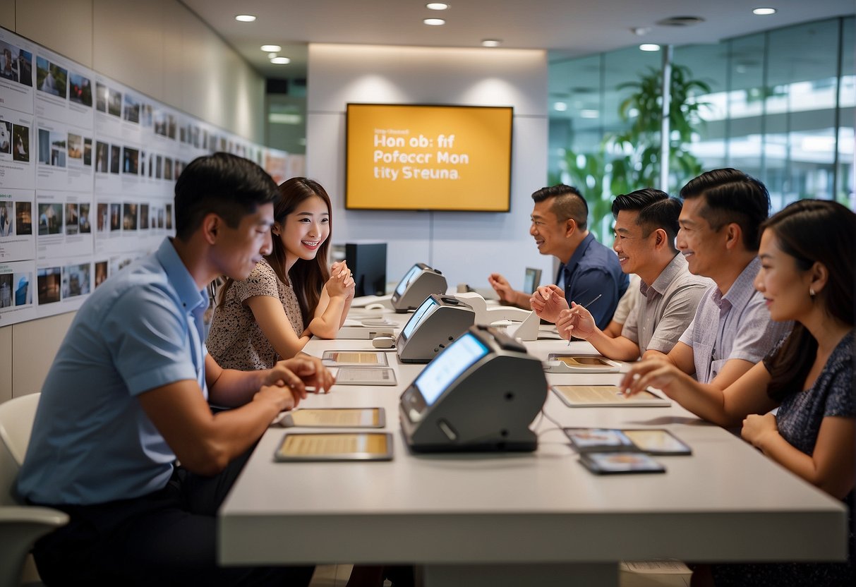 A group of people in Singapore inquire about hearing aid promotions, surrounded by posters and brochures