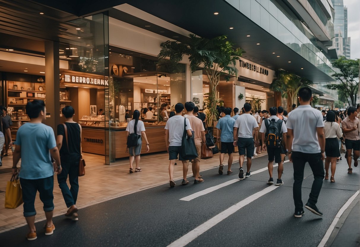 A bustling city street in Singapore with a prominent Timberland store, featuring vibrant displays and busy shoppers