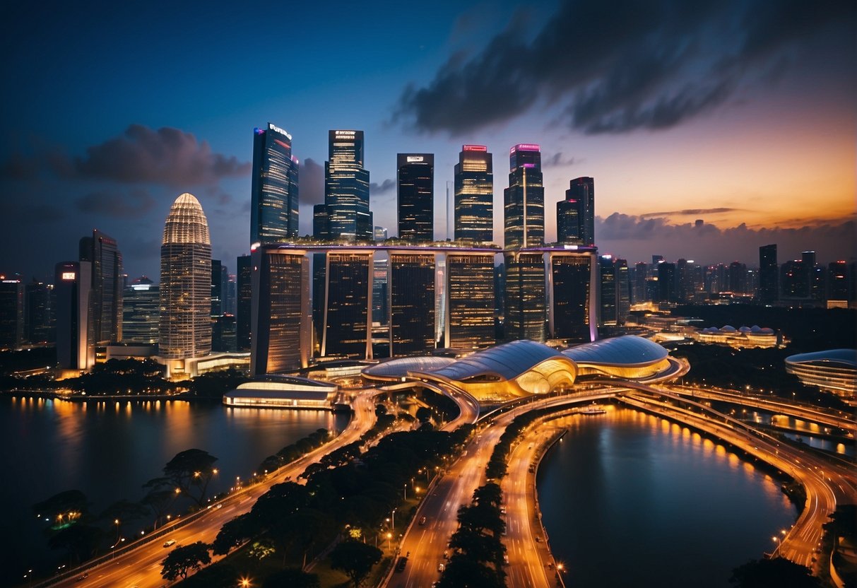 Vibrant cityscape with iconic skyline, bustling streets, and colorful lights of The Edge Promotions in Singapore
