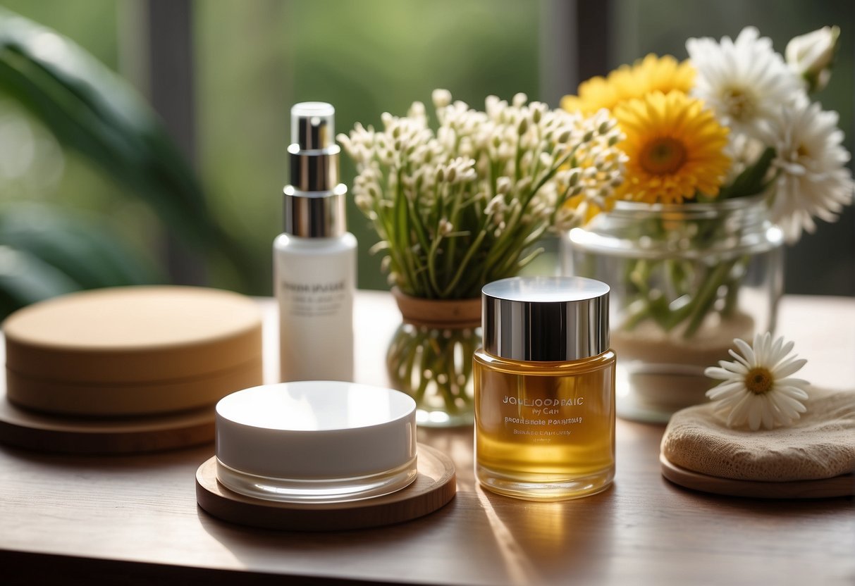 A table with skincare products arranged neatly, surrounded by fresh flowers and natural light