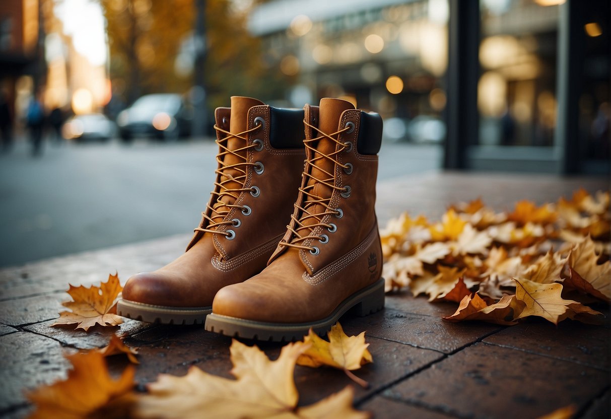 A rugged pair of Timberland boots displayed in a store window with a bold "SALE" sign and autumn leaves scattered around