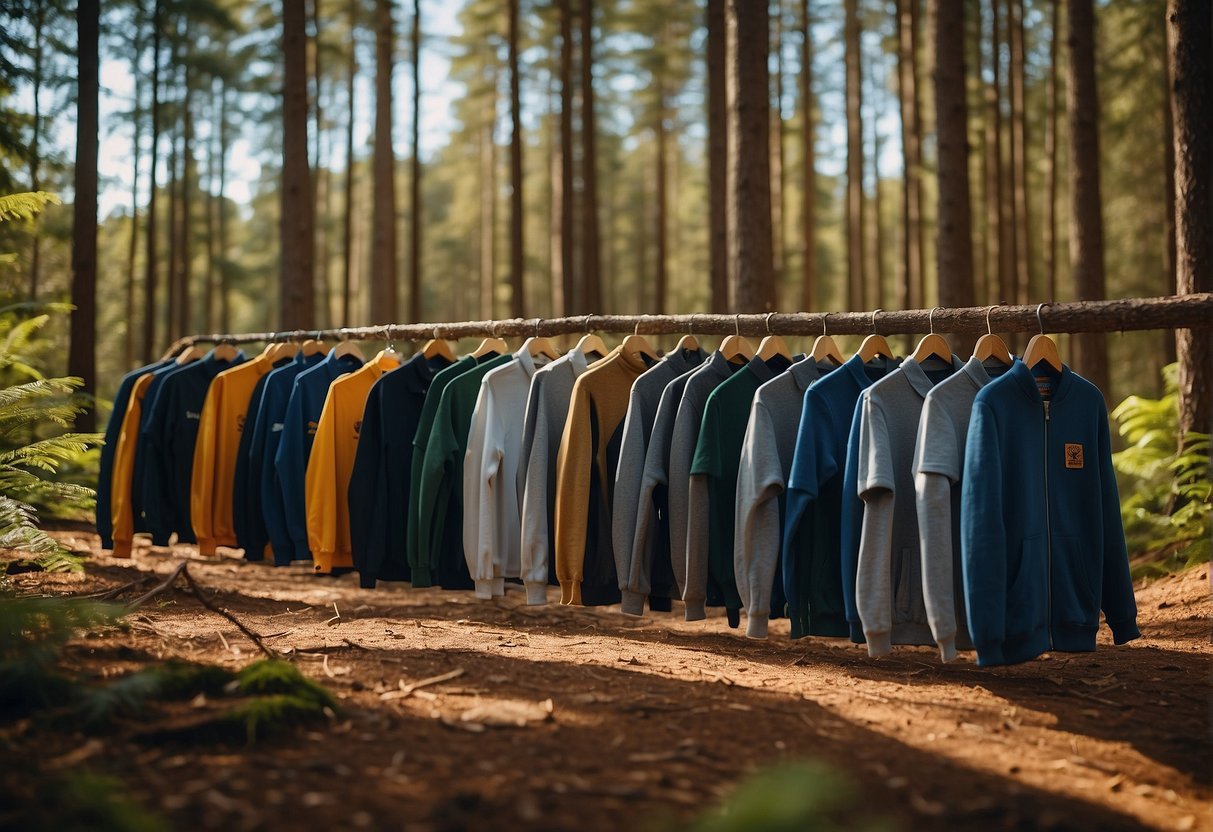 A vibrant forest backdrop with a clear blue sky, showcasing a lineup of eco-friendly apparel items such as t-shirts, jackets, and shoes, with the Timberland logo prominently displayed