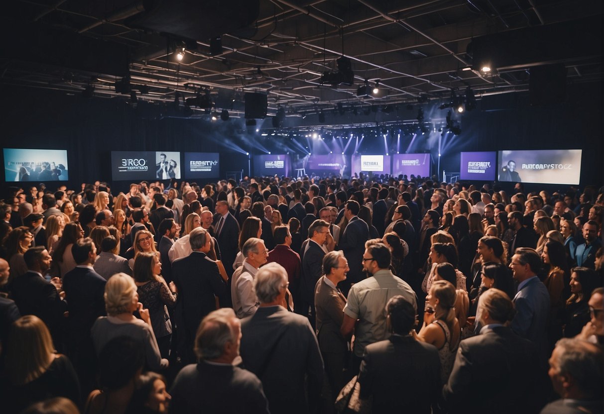 A crowded event space with a prominent "Frequently Asked Questions" sign surrounded by people interacting with promotional materials