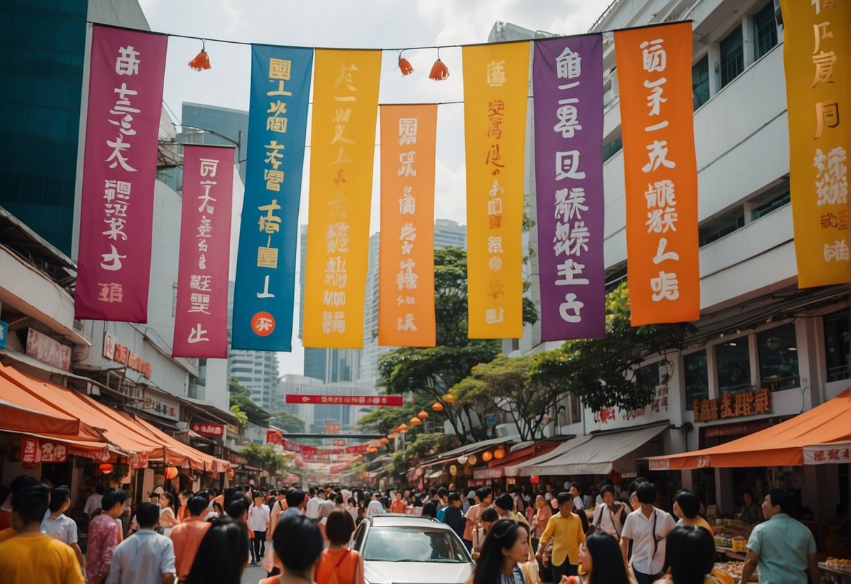A vibrant, bustling street in Singapore with colorful banners and signs promoting Toyogo products. The scene is filled with energy and excitement