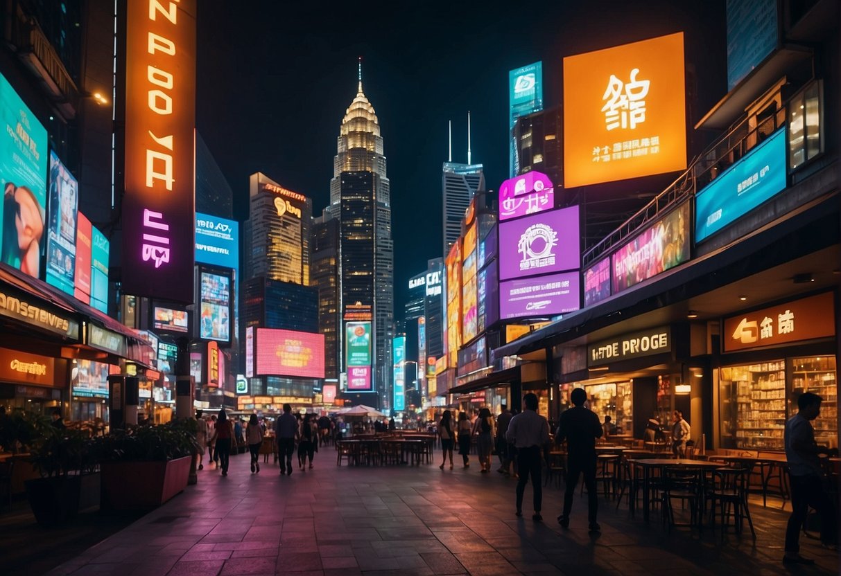 2024: A vibrant cityscape with neon signs advertising exclusive deals and promos at The Edge Promotions Singapore