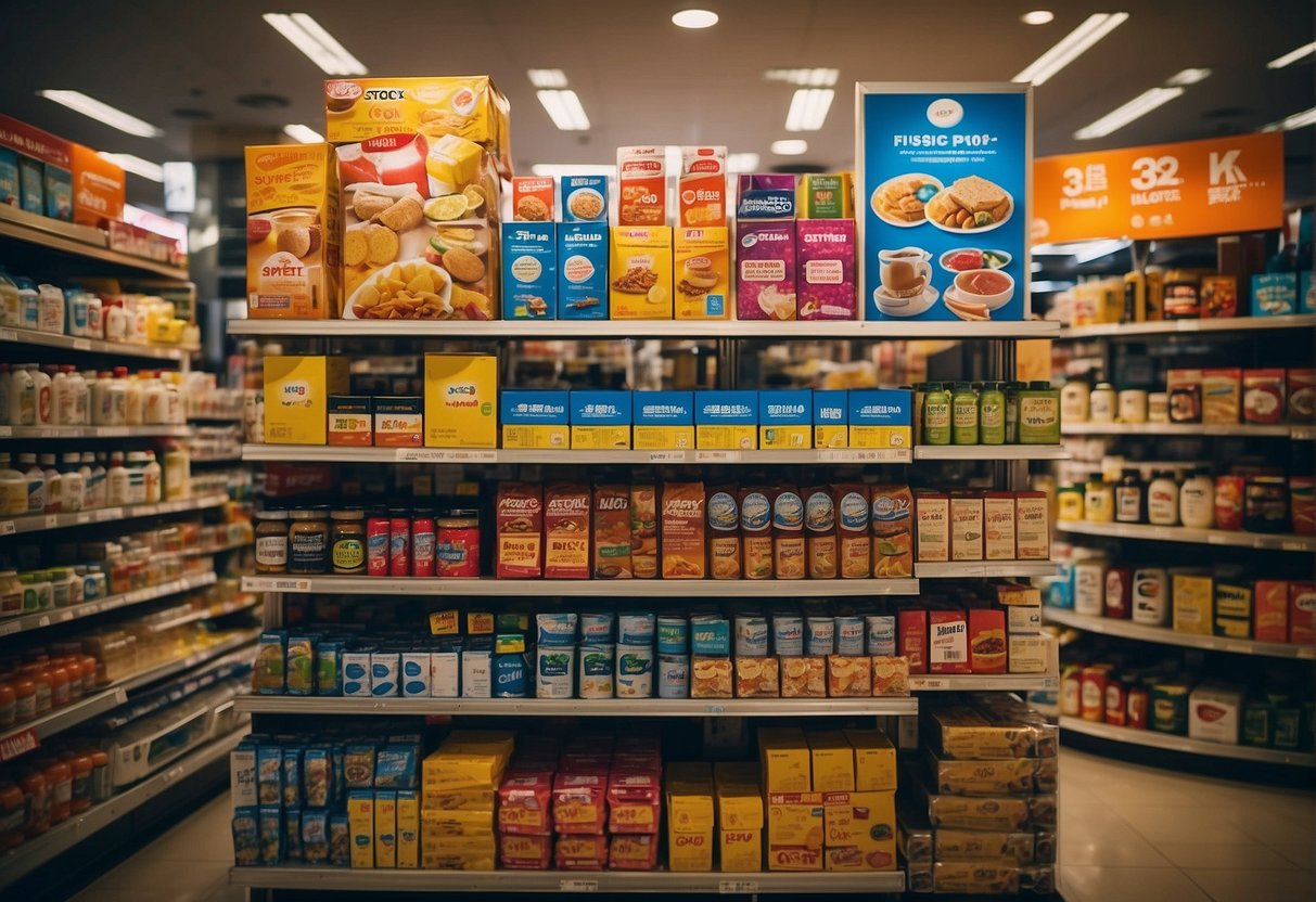 A display of various household products on sale at a Toyogo store in Singapore, with promotional signs and colorful banners