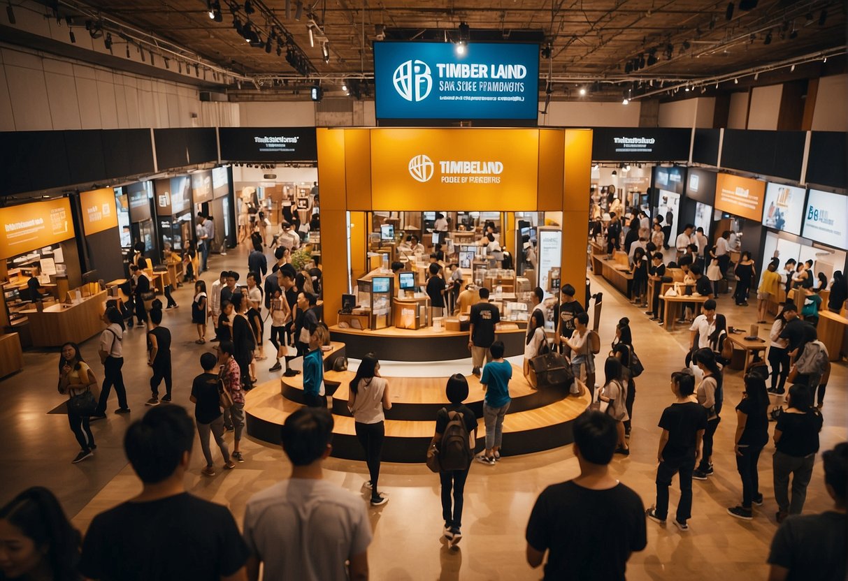 A bustling timberland promotions event in Singapore, with people browsing booths and engaging with staff. Bright signage and promotional materials are displayed throughout the venue