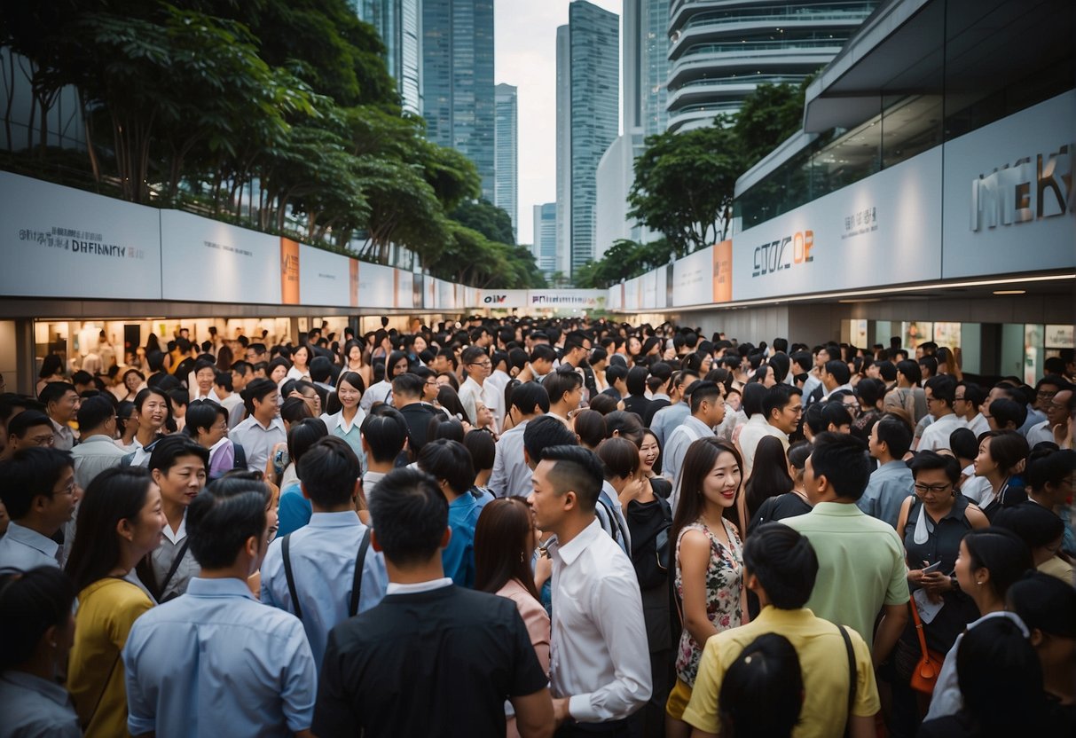 A crowded event with people lining up to ask questions at a promotional booth in Singapore. Signage and promotional materials are prominently displayed