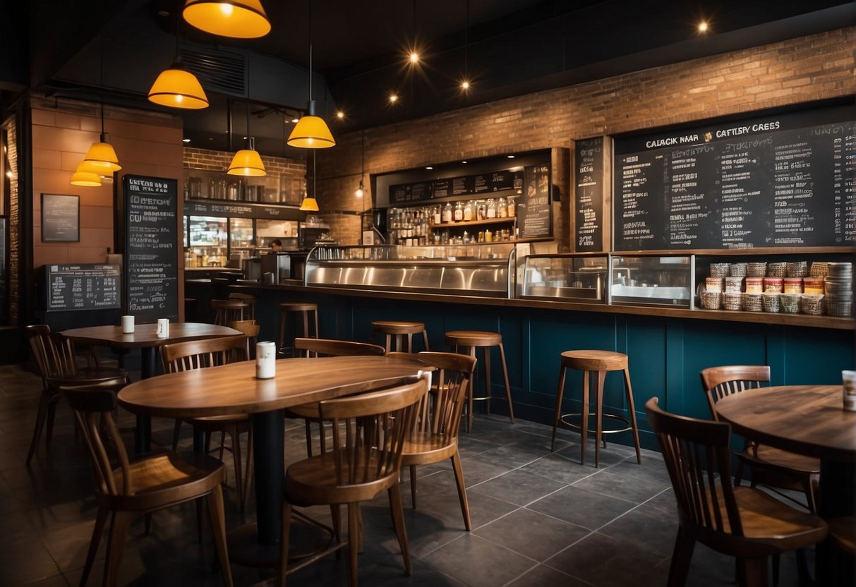 A bustling cafe in Singapore displays promotional posters and offers on a chalkboard menu. Tables are filled with customers enjoying their drinks and snacks