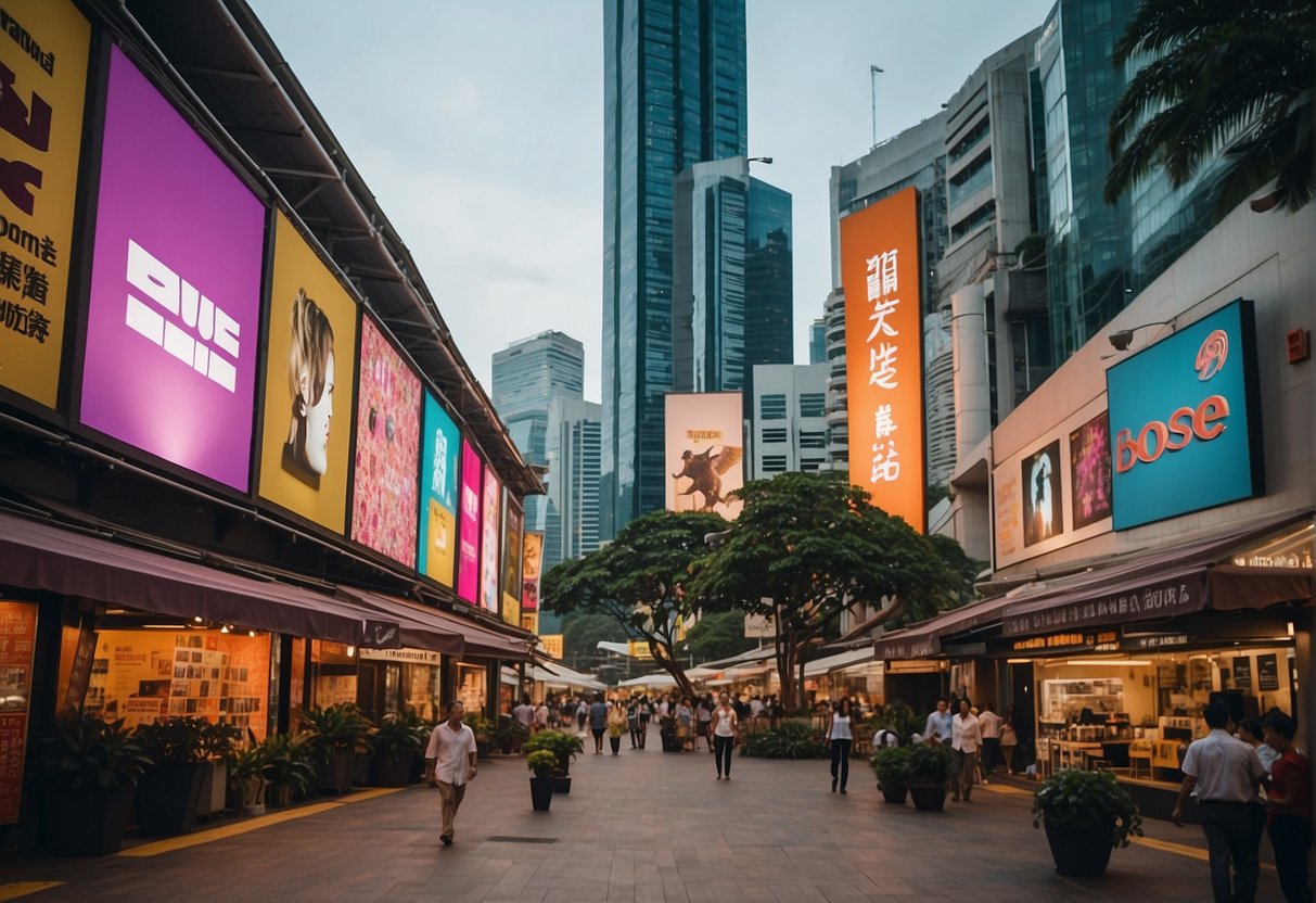 A bustling city street in Singapore with bright, colorful signs advertising Bose promotions, surrounded by a mix of modern and traditional architecture