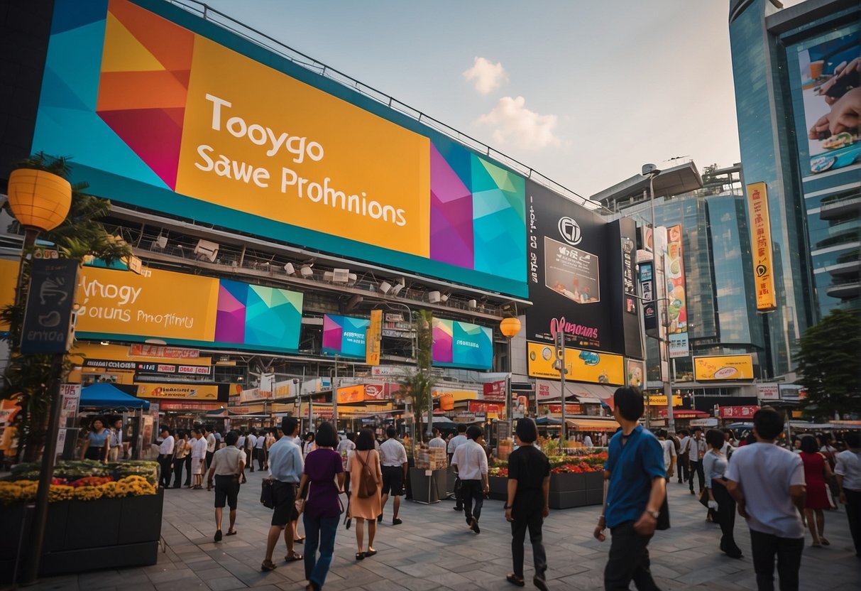 A vibrant cityscape with colorful banners and signs advertising lifestyle offers from Toyogo Promotions Singapore
