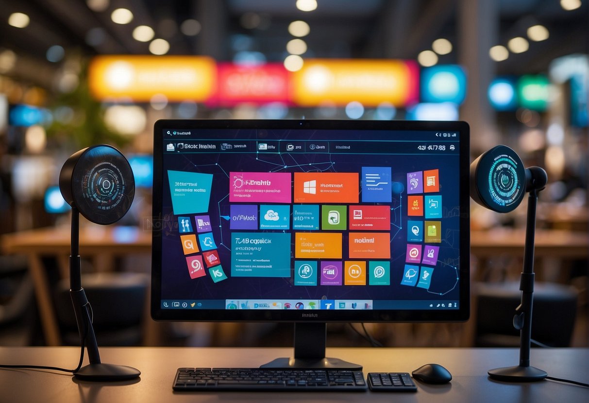 A colorful array of electronic devices and internet symbols, surrounded by vibrant promotional banners and signs, showcasing the latest broadband offers in Singapore