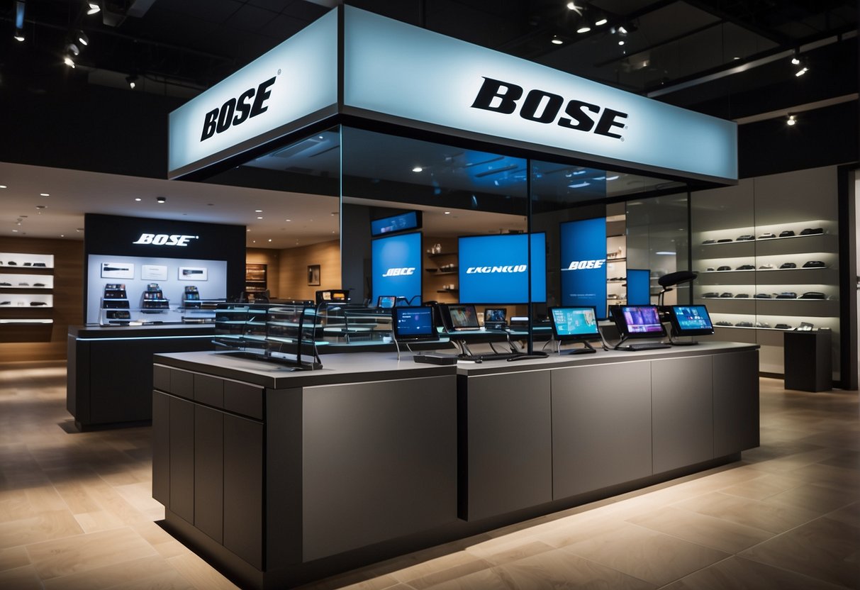 A sleek Bose store display showcasing May 2024 promotions in Singapore. Bright, modern, and attention-grabbing