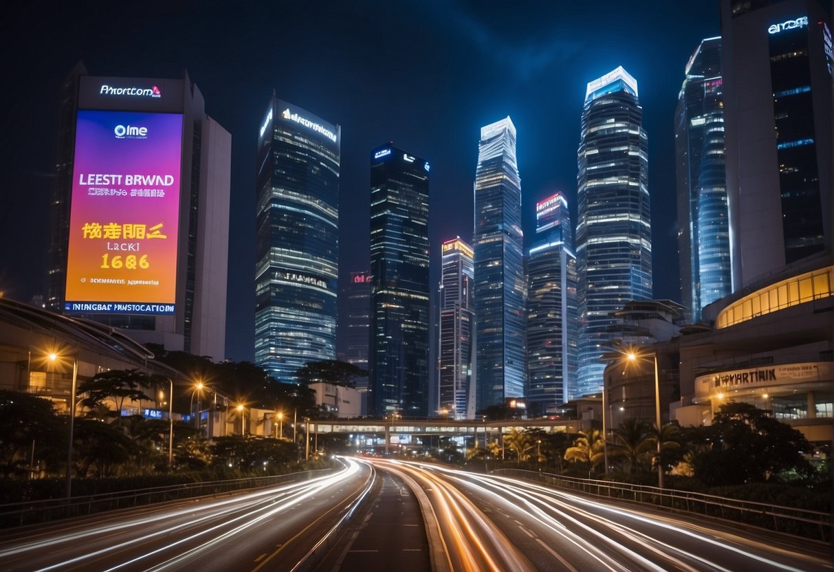 A vibrant cityscape with skyscrapers and electronic billboards advertising "Latest Broadband Promotions" in Singapore