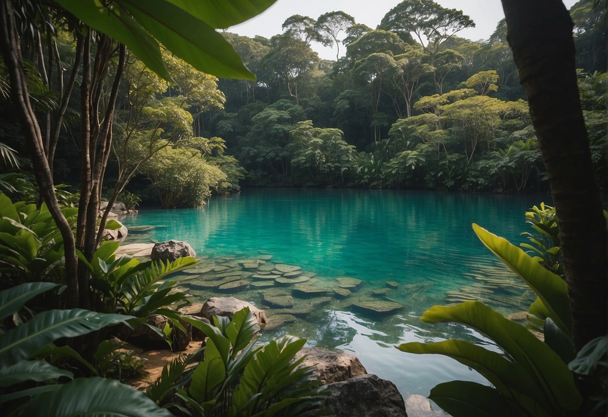 A lush, tropical landscape with vibrant flora and crystal-clear water, showcasing the beauty of Paradise Druid promotions in Singapore