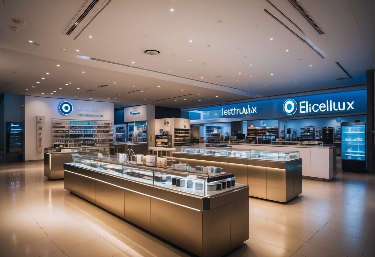 A brightly lit Electrolux store in Singapore, with various promotional displays and products showcased