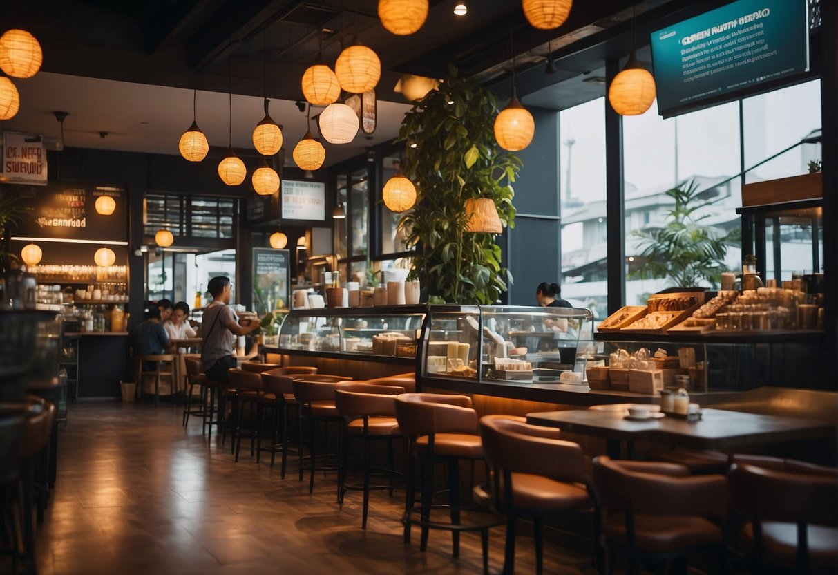 A bustling cafe in Singapore with a vibrant promotional display featuring frequently asked questions about their offerings. The cafe is filled with customers enjoying the lively atmosphere