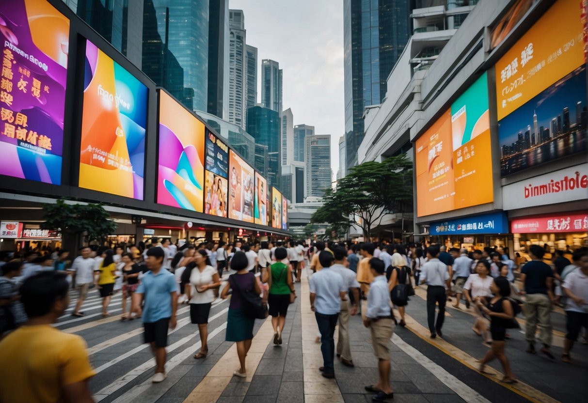 A crowded street with colorful billboards advertising phone promotions in Singapore