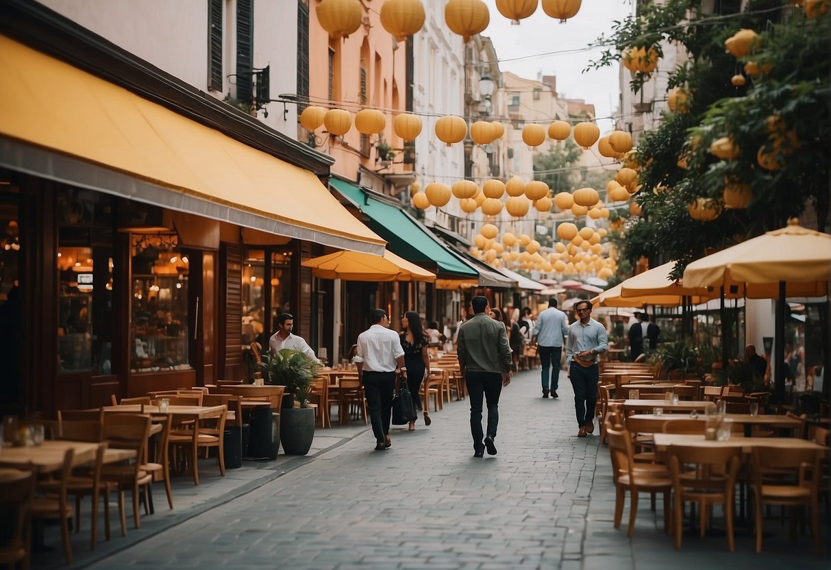 A bustling street lined with vibrant restaurants and shops, adorned with colorful banners and signs advertising dining and shopping promotions
