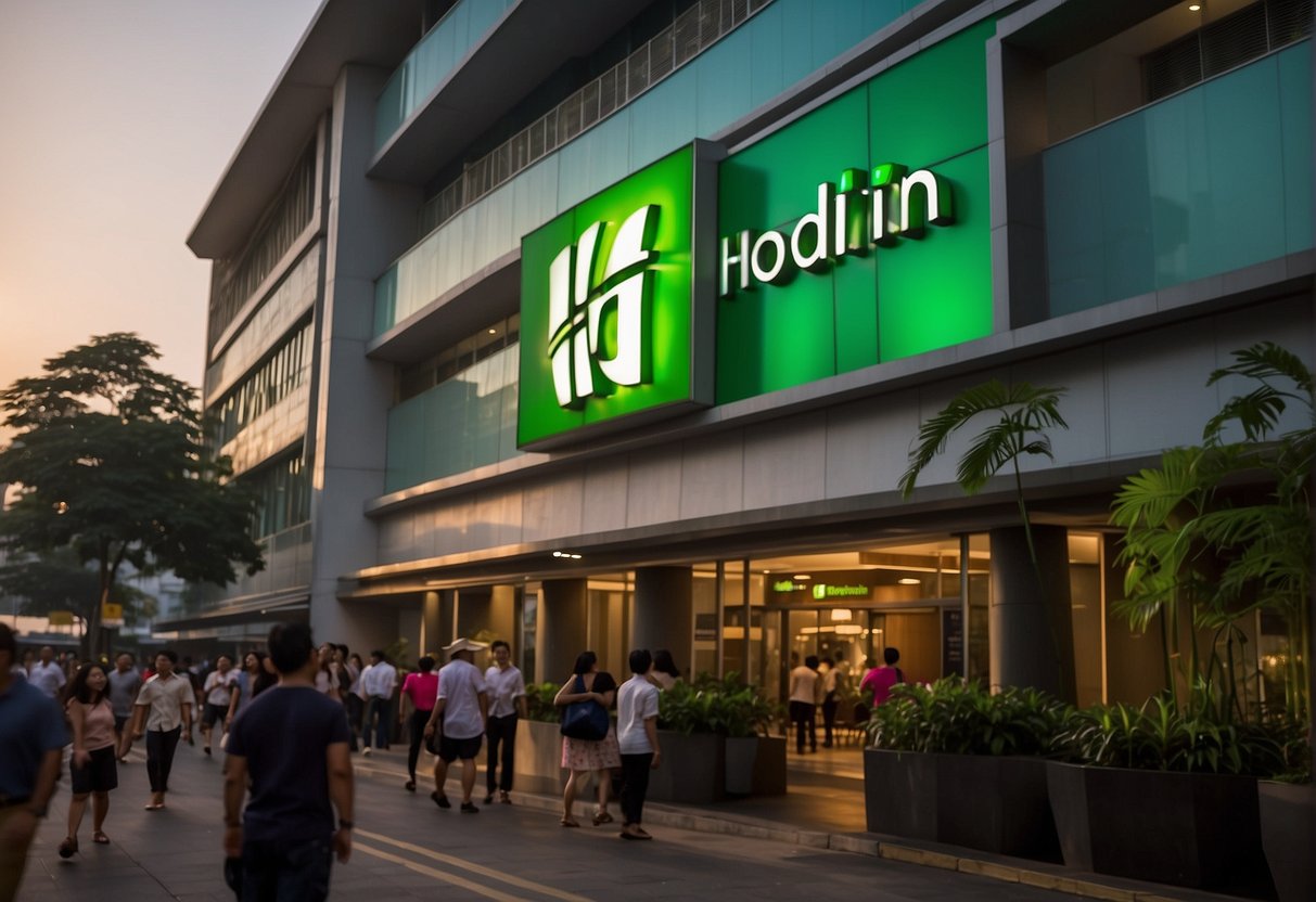 The Holiday Inn logo displayed prominently in the bustling streets of Singapore, surrounded by vibrant city lights and a bustling crowd
