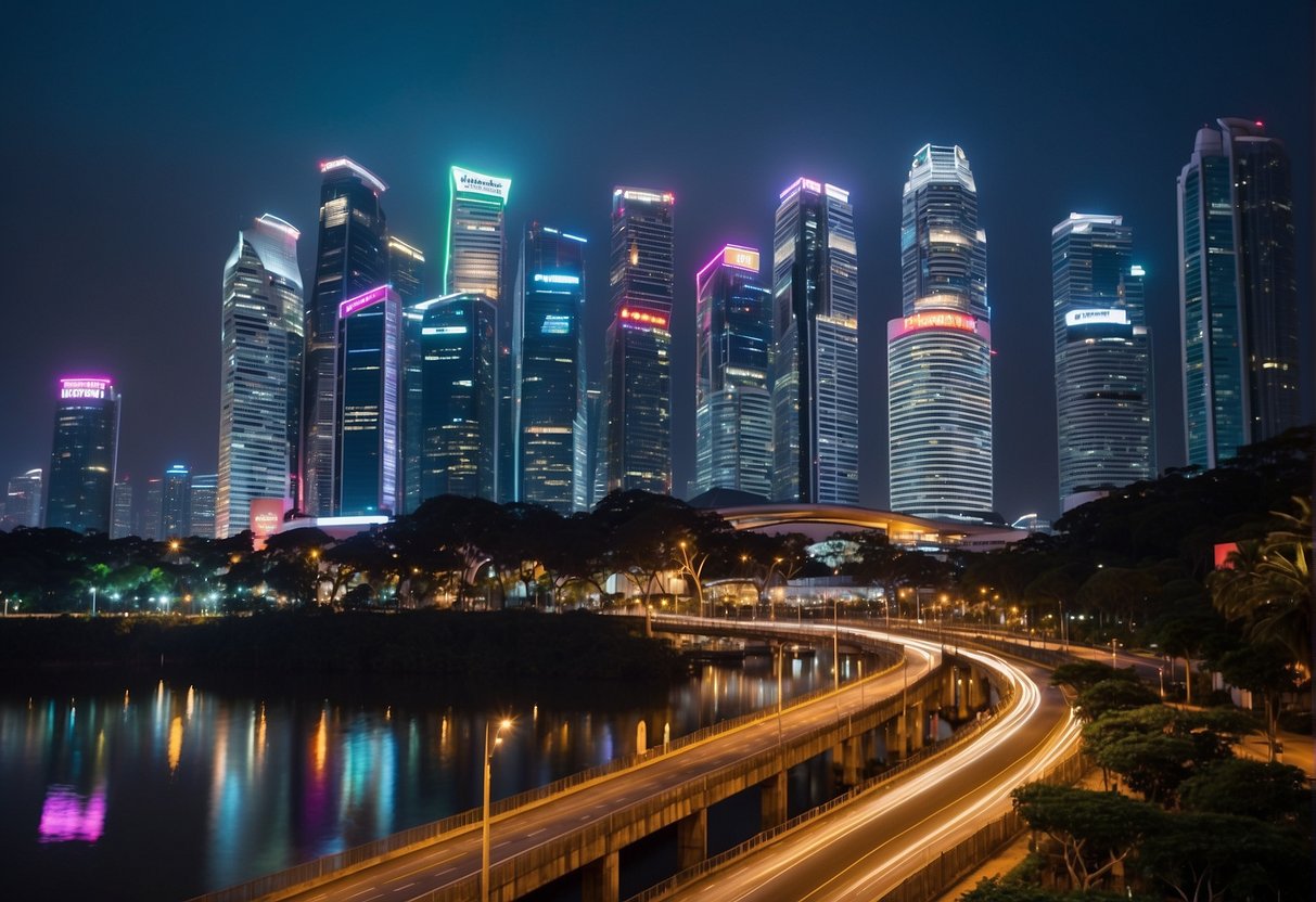 A vibrant cityscape with high-rise buildings and glowing neon signs, showcasing the integration of technology and entertainment in Singapore's broadband promotions