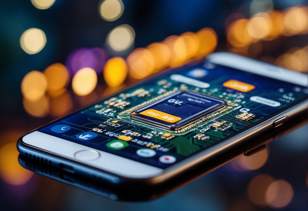 A 5G SIM card surrounded by colorful phone promotions and Singapore landmarks