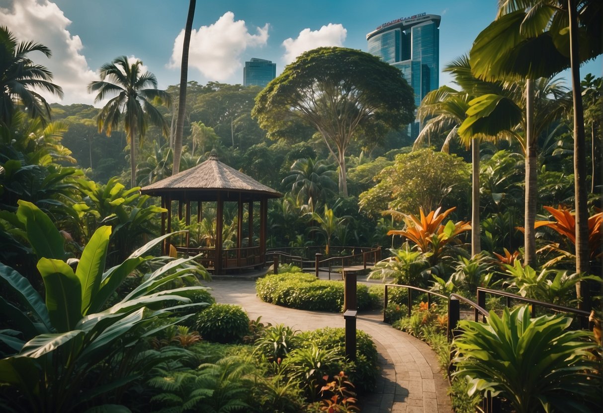 A lush tropical paradise with colorful promotional signage for Singapore's druid promotions, surrounded by curious wildlife and vibrant flora