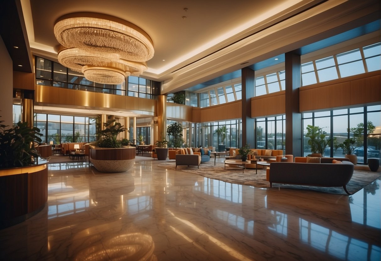 A vibrant hotel lobby with a grand entrance, modern decor, and a welcoming reception desk. Bright lights and cheerful guests enjoying various amenities