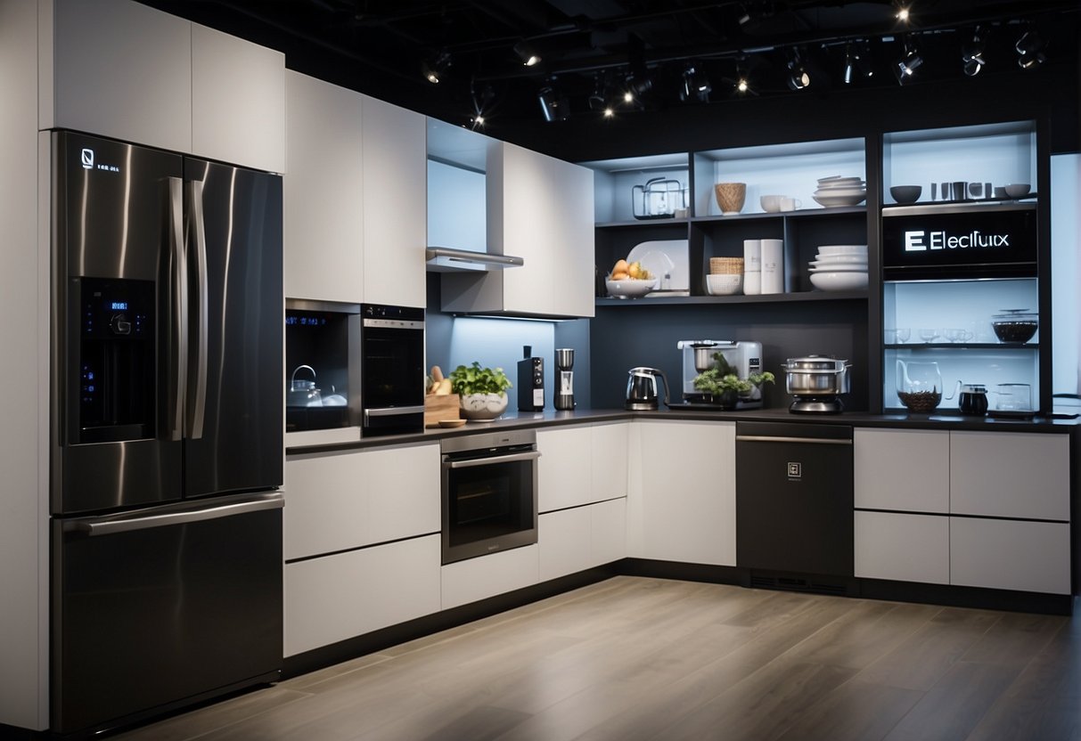 A sleek Electrolux appliance display with 2024 promotions signage in a modern Singapore showroom