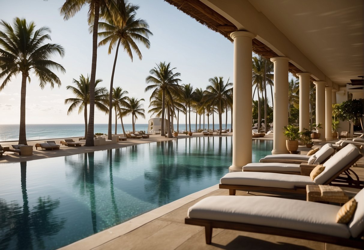 A luxurious beachfront resort with palm trees, crystal clear waters, and a private cabana. A lavish spa, infinity pool, and gourmet dining options