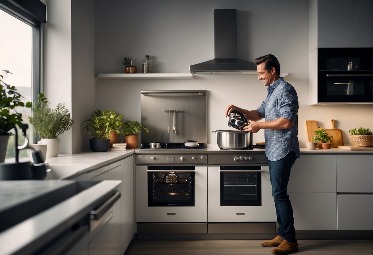 A person unpacks new Electrolux appliances, arranging them in a stylish kitchen. A promotional banner hangs in the background, highlighting the benefits of the promotion