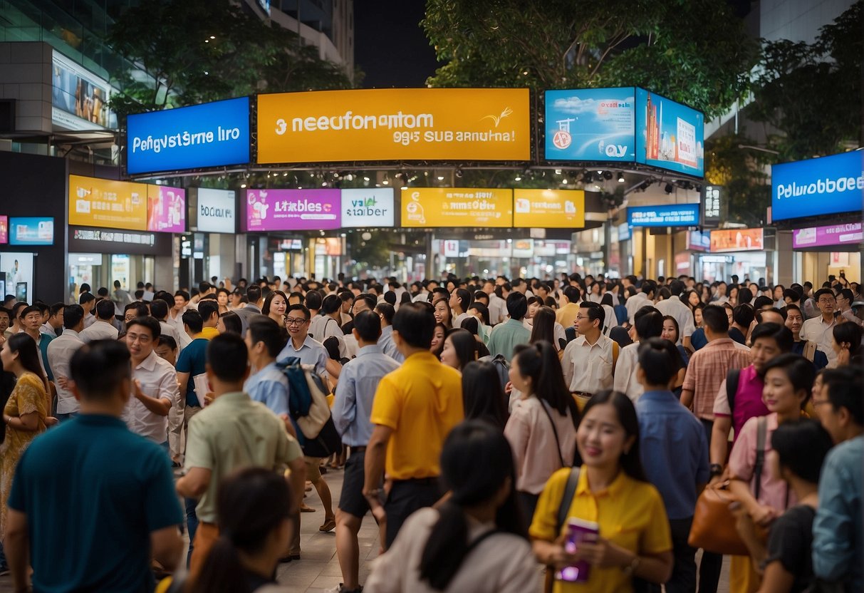 Brightly colored banners and signs promoting broadband deals in Singapore, surrounded by eager customers with questions