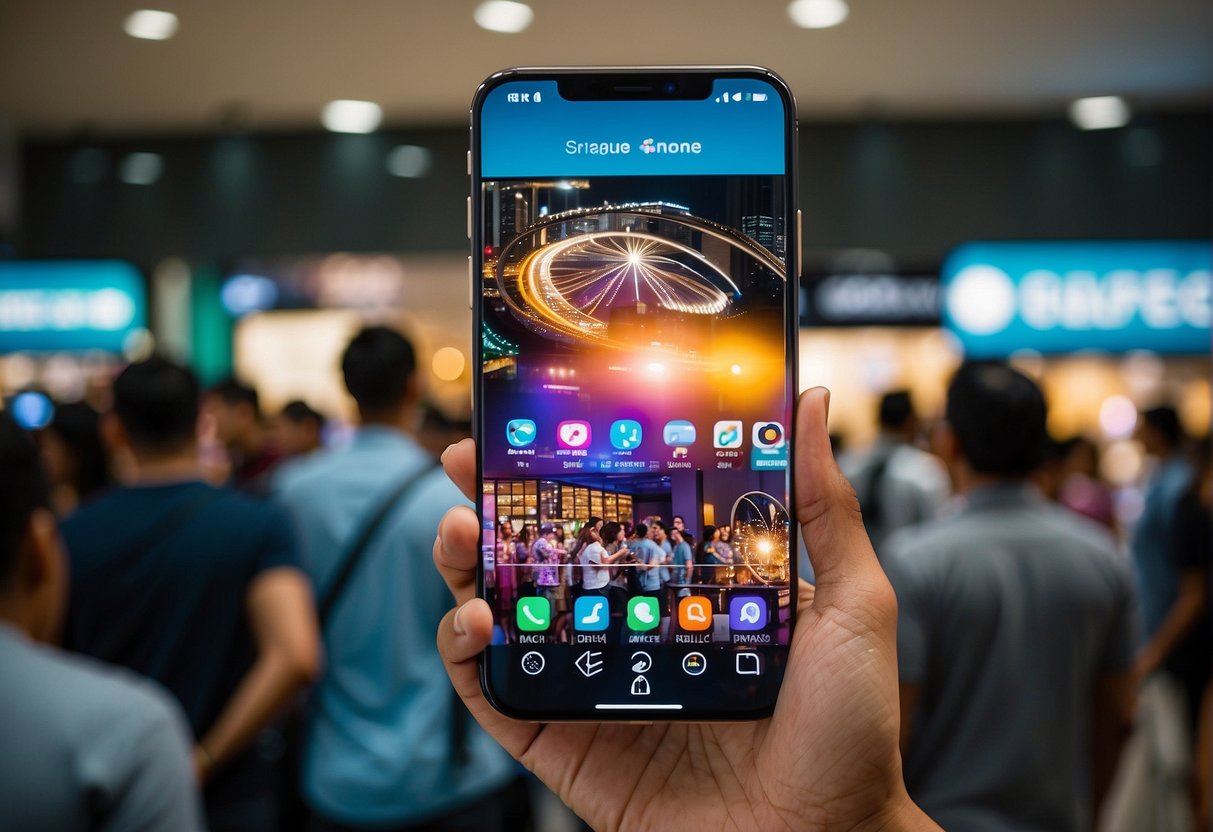 A smartphone surrounded by vibrant promotional banners and flashing lights, with excited customers eagerly lining up for the latest 2024 phone deals in Singapore