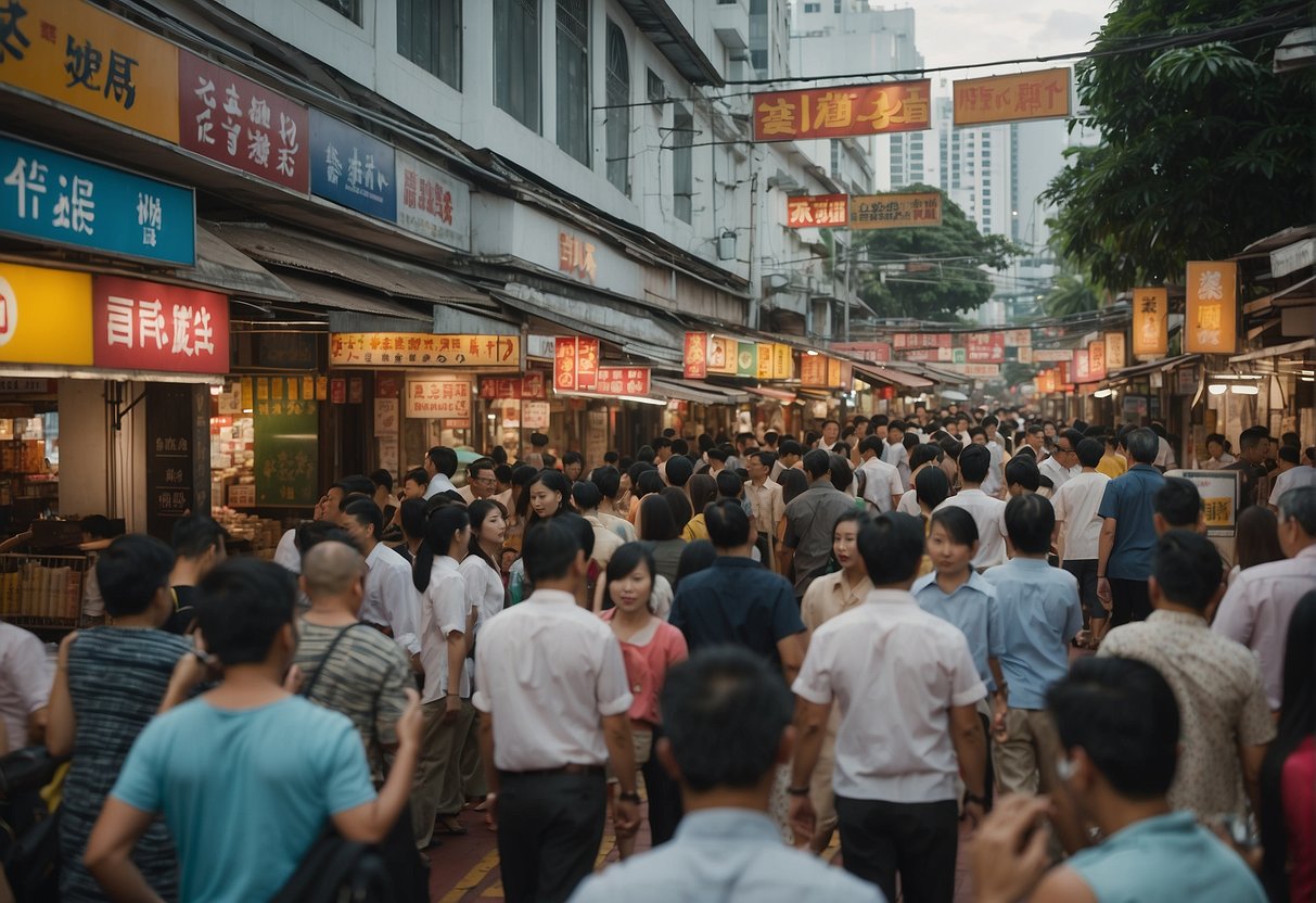 A bustling street in Singapore with vibrant signs and bustling crowds outside Maki San promotions