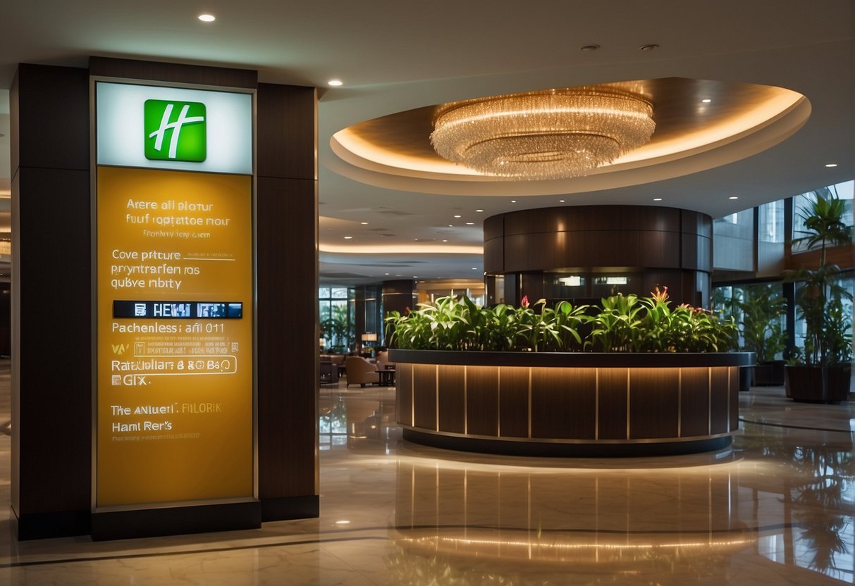 A bustling hotel lobby in Singapore with a prominent "Frequently Asked Questions" sign next to a display of holiday inn promotions