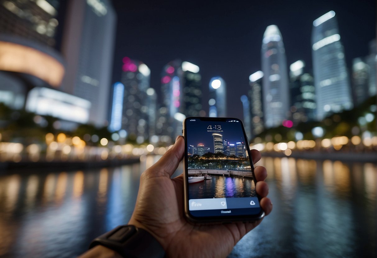A phone with a "Frequently Asked Questions" screen, surrounded by promotional materials, set in a bustling Singapore cityscape