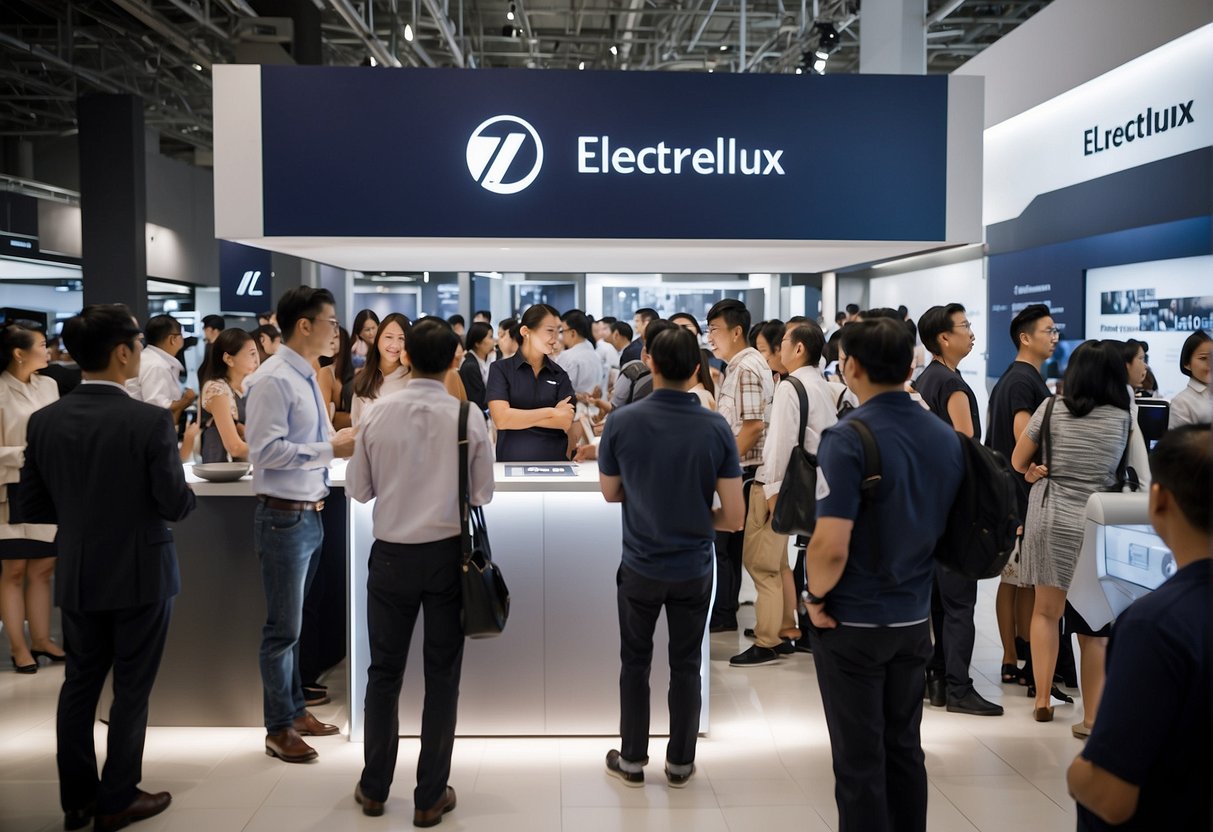 A crowd of people lined up at an Electrolux promotions booth in Singapore, eagerly asking questions and interacting with staff