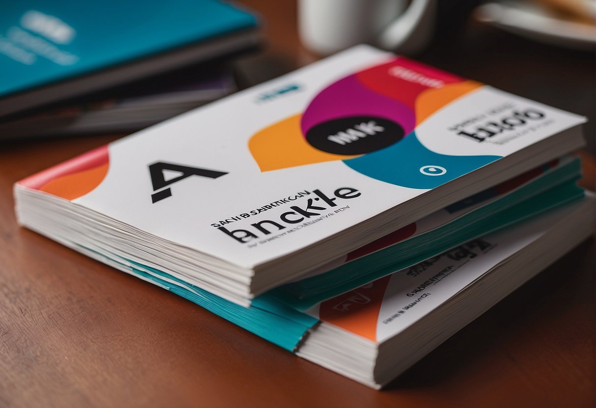 A stack of FAQ brochures with the Maki San logo, surrounded by promotional materials, in a vibrant Singapore setting