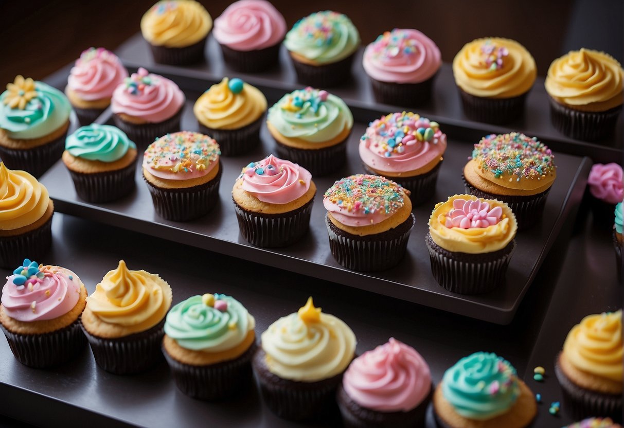 A table displays twelve cupcakes with "Promotions Singapore" written on them. The cupcakes are arranged neatly with colorful frosting and sprinkles