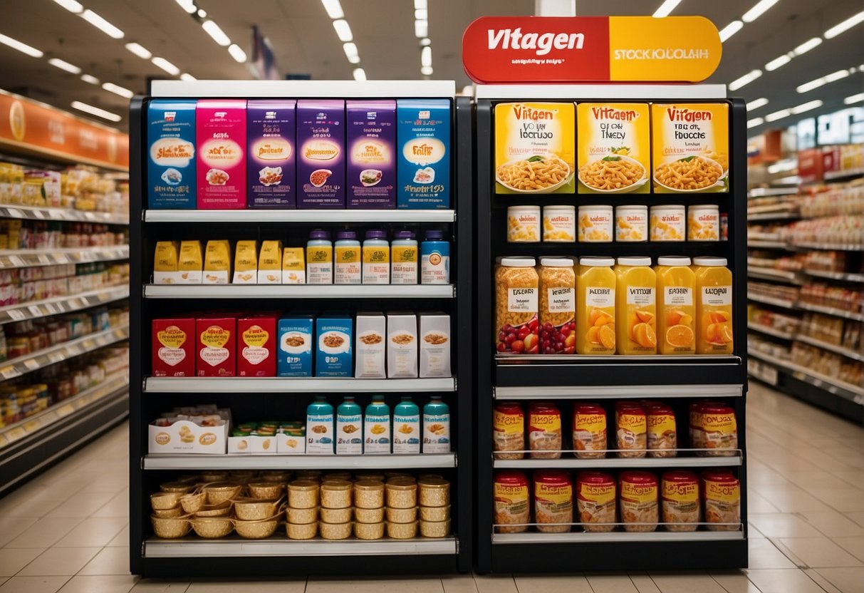 A vibrant display of Vitagen products with promotional signage in a bustling Singaporean supermarket